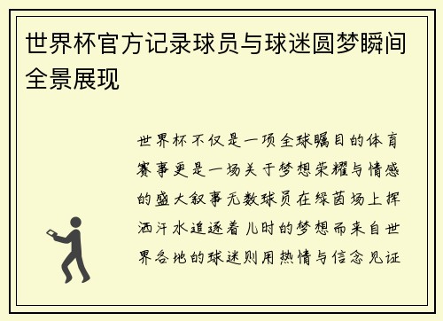 世界杯官方记录球员与球迷圆梦瞬间全景展现